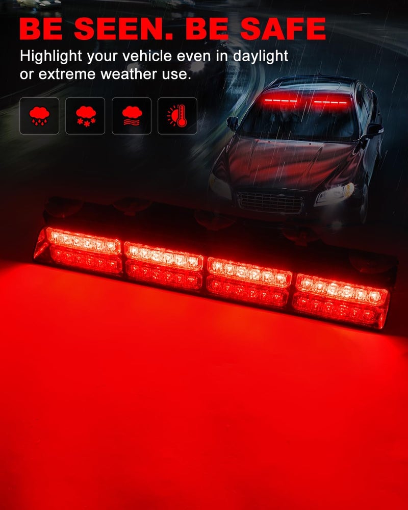 HLauto 6Z4J Emergency Dash Strobe Lights: 2x16.8 inch Red Safety Lights, 48 LED Flashing Warning Hazard Interior Windshield Visor Traffic Light Bar for Trucks, Construction Vehicles - Image 3